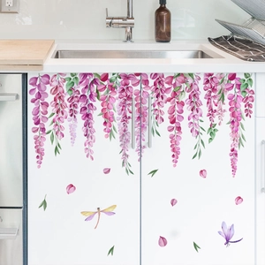 Wisteria Floral Wall Stickers Purple Pink Flower Vine Wall Decals With Dragonflies Butterflies PVC Waterproof DIY Home Decor For Bedroom Kitchen