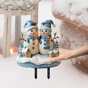 Dual Christmas snowman garden stakes with LED glowing miniature house and blue light base