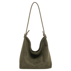 Minimalist deep olive green suede hobo shoulder bag with decorative knotted strap detail