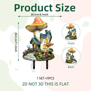 Detail view of 2D mushroom house garden stake showing front and back printed graphics