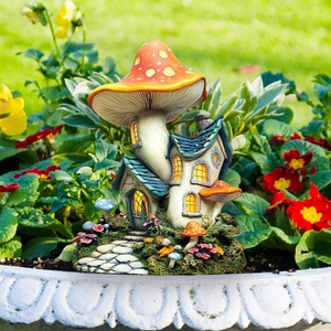 Fairy mushroom house garden stake ornament for whimsical outdoor landscape decor