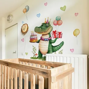 Self-adhesive cartoon crocodile and birthday cake wall decal for children room decor