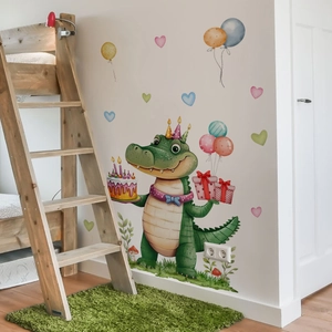 Cartoon green crocodile wall decal set with birthday cake for nursery wall decoration