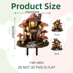 Detailed view of a 2D mushroom house garden stake with 9.8 inch height dimensions