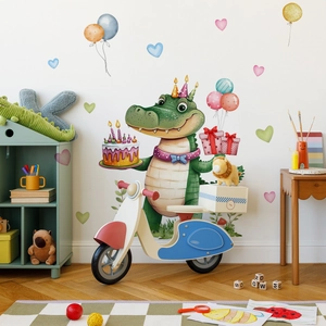 Cartoon Crocodile Birthday Cake Wall Stickers PVC Self Adhesive Removable Animal Heart Balloon Decals For Kids Room Decor