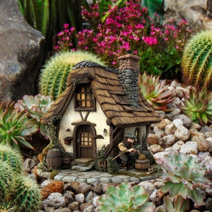 Miniature fairy garden cottage with dwarf figurine among succulents and pebbles
