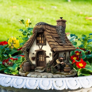 Miniature mushroom house garden stake with character doll for outdoor floral decor