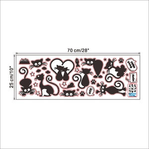 Detail view of black cartoon cat wall stickers showing full dimensions 70x25cm
