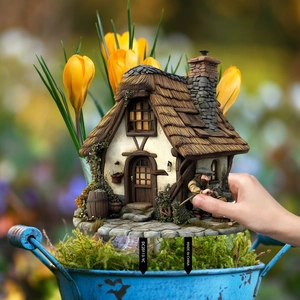 Detailed garden miniature house stake with resin thatch roof and stone chimney texture