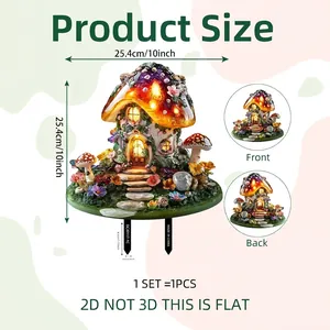 Flat 2D mushroom house garden stake with 3D effect floral print and double metal prongs