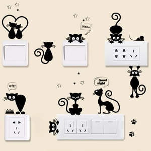 DIY black cartoon cat light switch wall stickers for bedroom with heart and star patterns