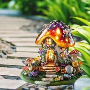 Macro detail of glowing resin mushroom house with warm light in fairy garden