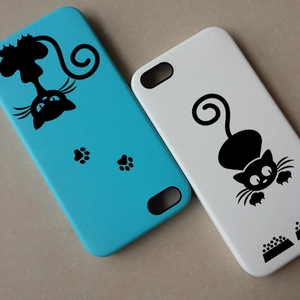 Matte phone cases for iPhone 5/5s/SE with black cartoon cat and paw print illustrations