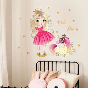 Stickers muraux princesse et licorne pour chambre d'enfant avec étoiles dorées