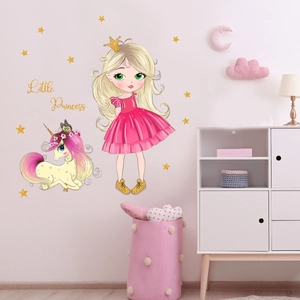 Stickers Muraux Dessin Animé Princesse Licorne Little Princess Étoiles Or PVC Décalcomanies pour Chambre Filles Enfants Décoration Murale