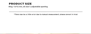 Detailed size chart for geometric oval ring showing 1.6x2.1cm dimensions and US size 7