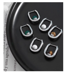 Boucles d'oreilles en U avec perles d'agate et d'oeil de tigre en métal argenté