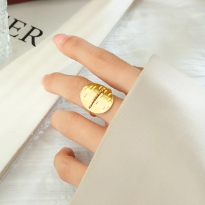 Minimalist gold oval geometric engraved open ring with adjustable band for women