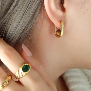 Boucles D'oreilles Créoles Vintage En U En Acier Titane Plaqué Or 18K Agate Oeil De Tigre Künstliche Perle Bijoux Pour Femmes