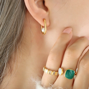 Boucles d'oreilles perles en U et bagues pierre verte style français pour femme