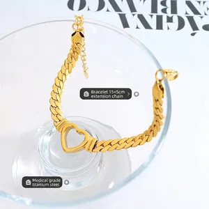 Medical grade titanium steel gold heart cuban chain bracelet with 5cm extension