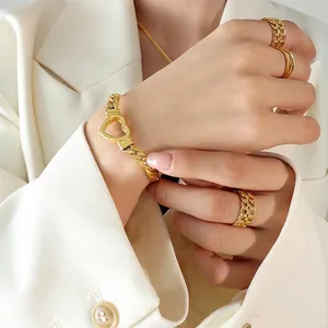 Fashionable gold-plated titanium steel bracelet and ring set with hollow heart charm