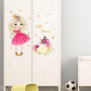 Stickers muraux princesse et licorne avec étoiles dorées pour décor de chambre d'enfant