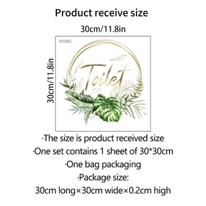 Adhesive toilet wall sticker with gold circle, tropical leaves and 30x30cm size guide