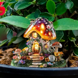 Detailed view of glow mushroom garden statue with purple roof and stone steps