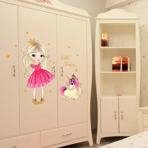 Stickers muraux princesse licorne avec étoiles dorées pour décor de chambre fille