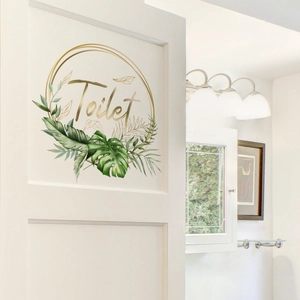 Floral Toilet door sticker with golden circle and tropical leaves on white wooden door