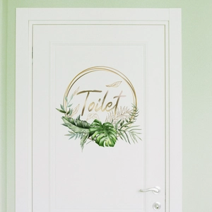 Tropical monstera leaves and gold circle Toilet door sticker on a white interior door