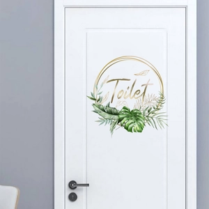 Floral toilet door sticker with golden text and green tropical leaves for home decor