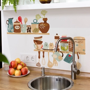 Nordic hand-drawn kitchen wall stickers with vintage jars and utensils on white wall