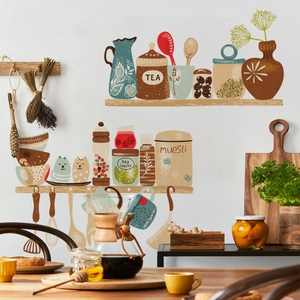 Vintage kitchen wall stickers with illustrated jars and spice racks on white wall
