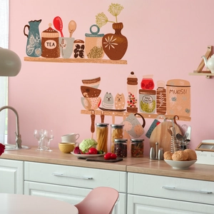 Hand-painted kitchen wall sticker set featuring ceramic jars and cat decor for home
