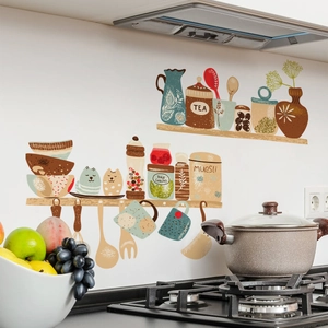 Kitchen Wall Stickers PVC Waterproof Removable Shelves Utensils Pattern Illustrative Home Decor