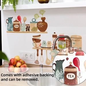 Detail of hand-drawn kitchen wall stickers showing storage jars and utensils on shelves