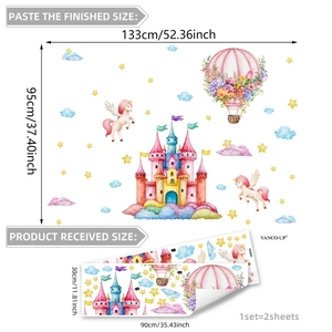 Creative castle and unicorn wall stickers set measuring 133x95cm for nursery decor