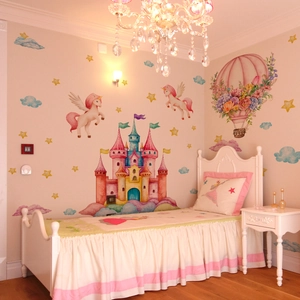 Dreamy Watercolor Castle Unicorn Hot Air Balloon Wall Stickers For Nursery Kids Room PVC Self Adhesive Decals Home Decor