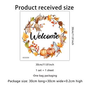 Welcome autumn wreath wall sticker with squirrel and pumpkin for home decor 30x30cm