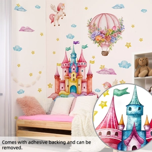 Detailed view of watercolor castle wall stickers with adhesive backing in a kids bedroom