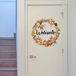 Fall squirrel and maple leaf welcome wreath wall sticker for home door decor