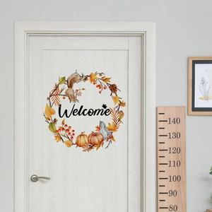 Autumn squirrel and maple leaf welcome door sticker with pumpkin and red berries