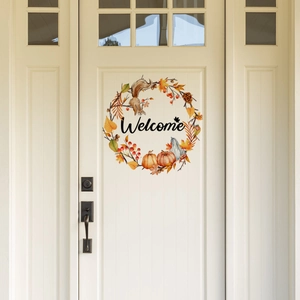 Autumn Wreath Welcome Door Sticker PVC Squirrel Pumpkin Maple Leaf Wall Decal Decorative Warm Home Art For Bedroom Entryway