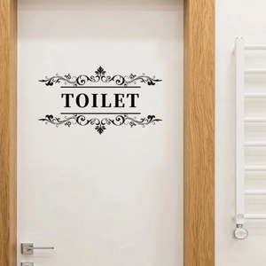 European style decorative toilet door sticker with black floral pattern and TOILET text
