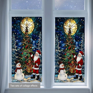 Detailed view of Santa and snowman Christmas window stickers with festive starry night
