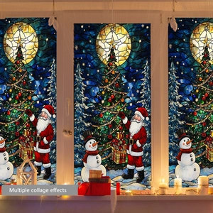 Stained glass style Christmas window stickers showing Santa Claus and snowman collage
