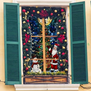 Vibrant Christmas window stickers set with Santa and snowman on glass with wreath decor