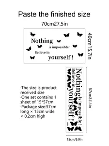 Size chart for black PVC wall sticker with Nothing is Impossible slogan and butterflies